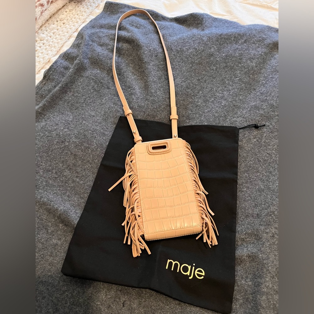 Maje Beige Croc-Embossed Fringe Crossbody Bag - Picture 7 of 9